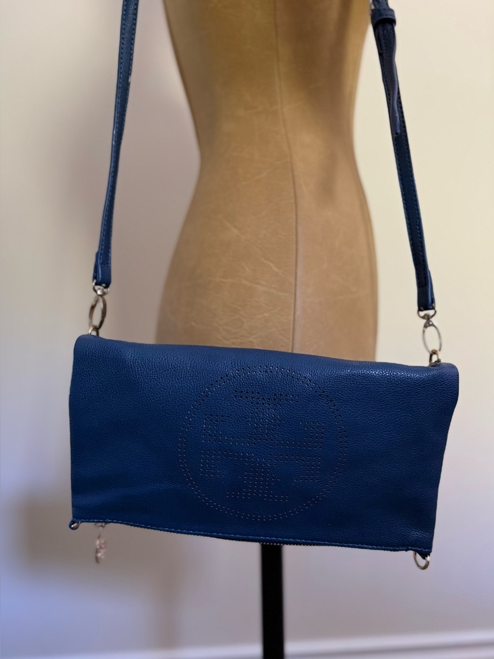 TORY BURCH Navy Perforated Logo Leather Crossbody